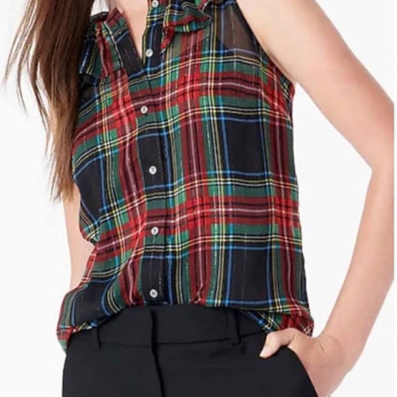 J. CREW Red Black Metallic Stewart Tartan Plaid Sleeveless Holiday Blouse Small - Picture 3 of 6